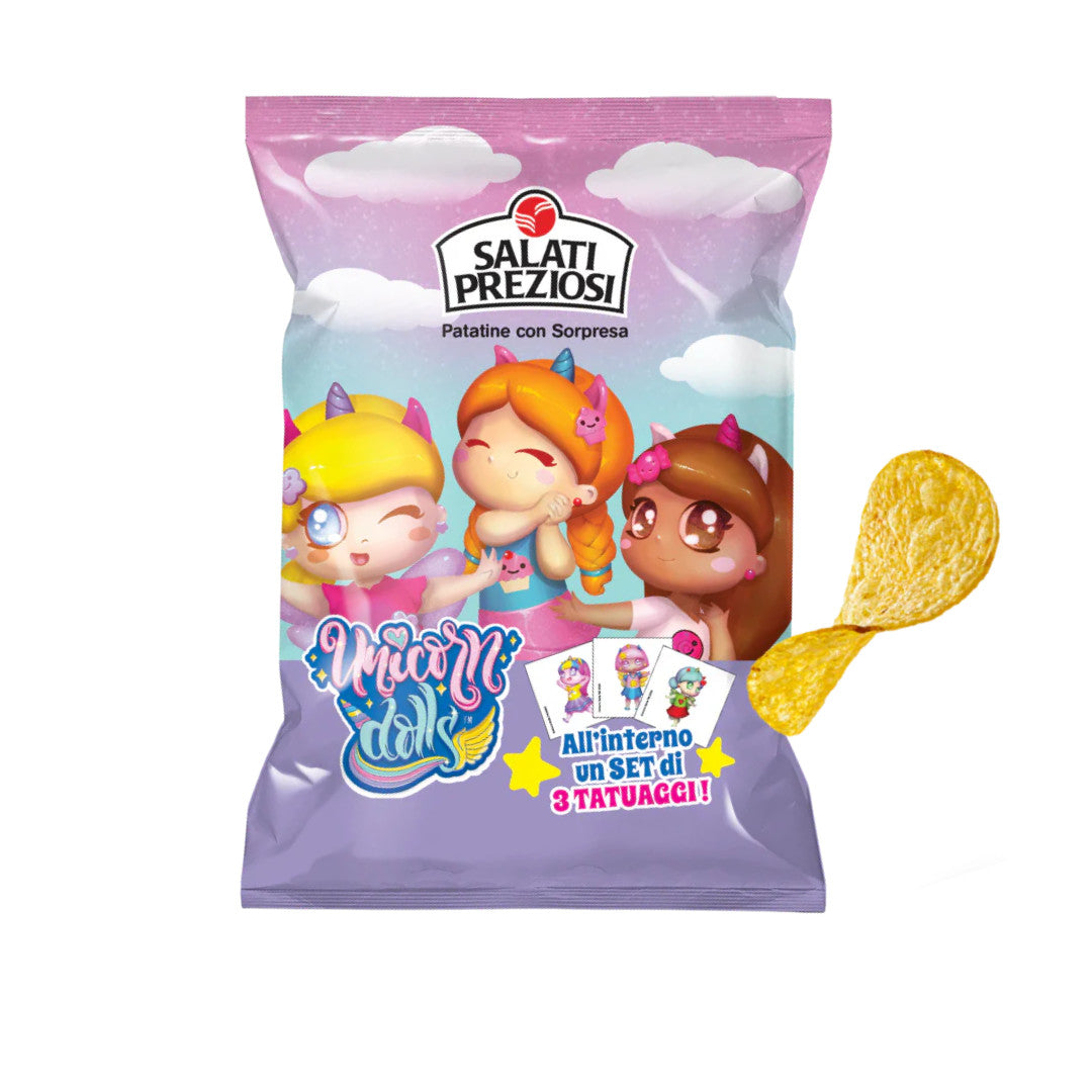 Chips Patatine con Sorpresa Unicorn Dolls Salati Preziosi - 25gr 24Pz